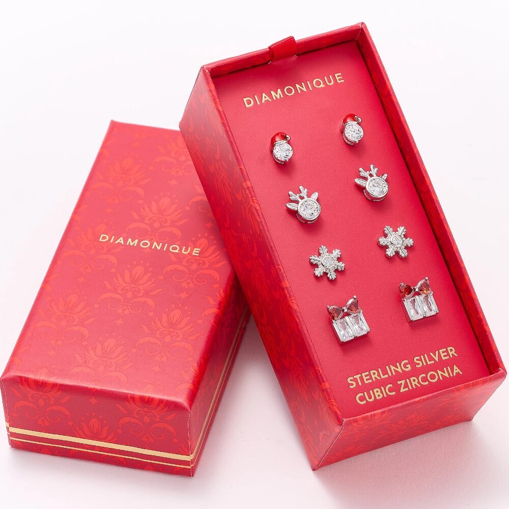 Set of 4 Diamonique Erin Moseley Christmas Holiday Stud Earrings Sterling Silver